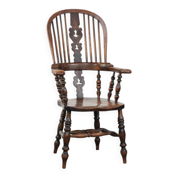 Chaise Windsor à dossier haut anglaise antique du XVIIIe siècle