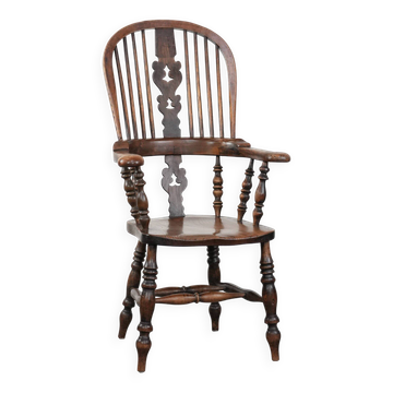 Chaise Windsor à dossier haut anglaise antique du XVIIIe siècle