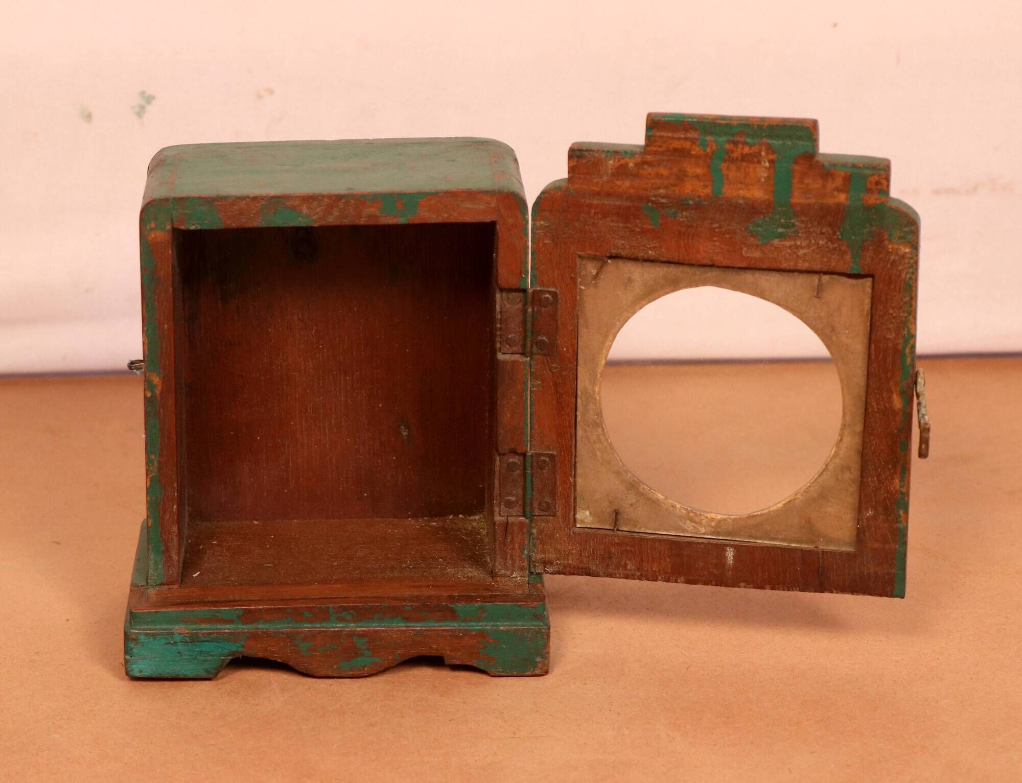 Old art deco wall display case in original green teak