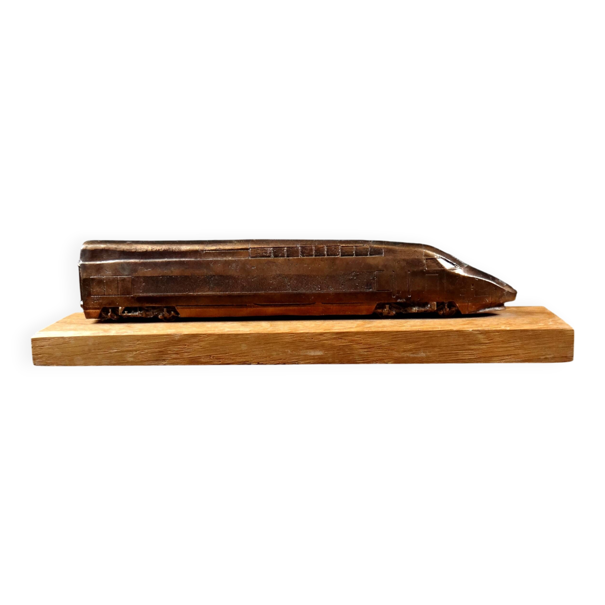 Bronze TGV on a wooden base, scale model of the TGV Sud-Est from the 1980s