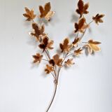 Large Brutalist brass wall light with maple branch, 1970s