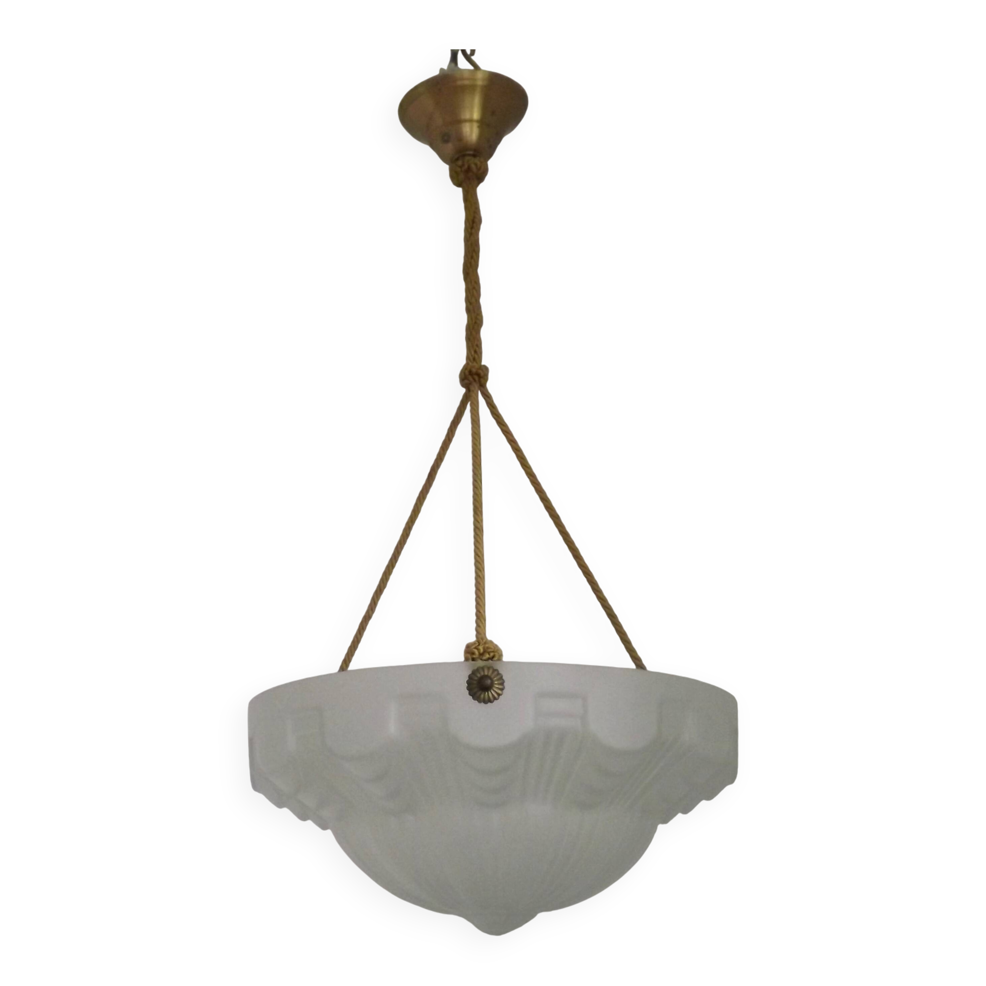 Vintage French 1930s Art Deco Gometric White Glass Ceiling Light