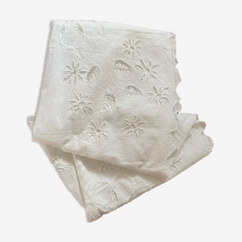 Embroidered white cotton tea tablecloth.