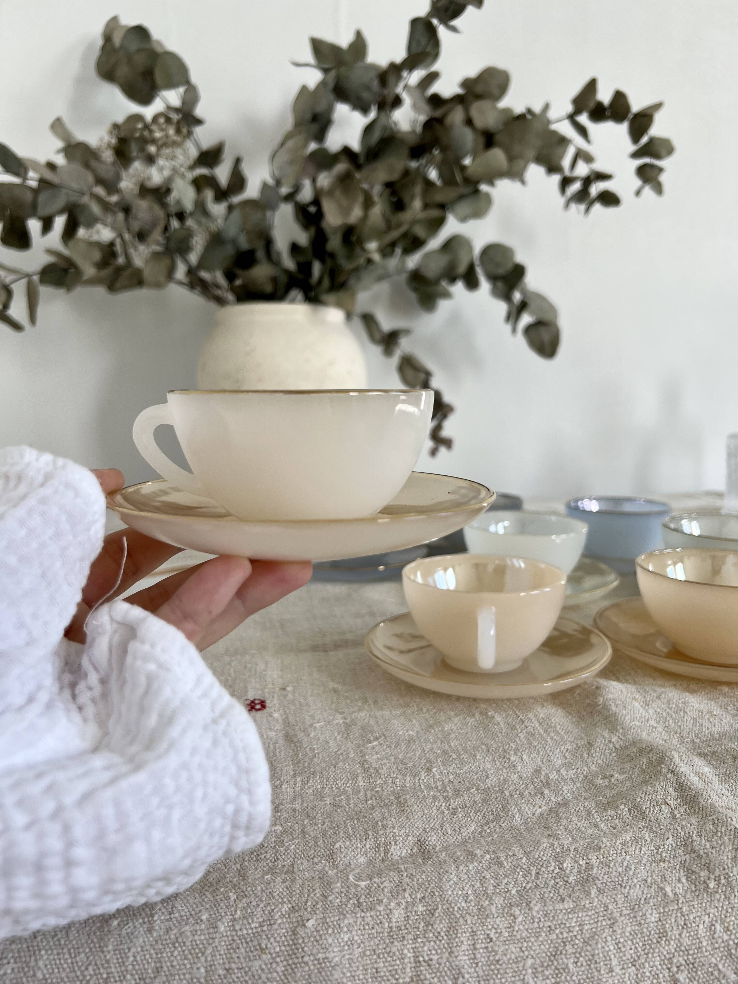 8 vintage cups and saucers Arcopal Harlequin opaline pastel tones with gold edging