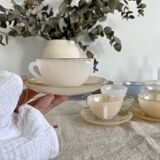 8 vintage cups and saucers Arcopal Harlequin opaline pastel tones with gold edging