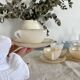 8 vintage cups and saucers Arcopal Harlequin opaline pastel tones with gold edging