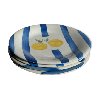 3 large Italian plates with blue stripes and lemons pattern