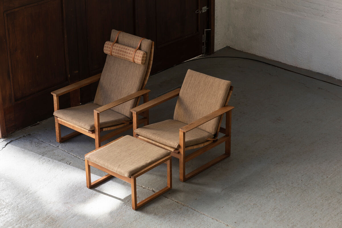 Set of 2 lounge chairs and one footrest by Borge Mogensen for Fredericia Denmark 1960’s