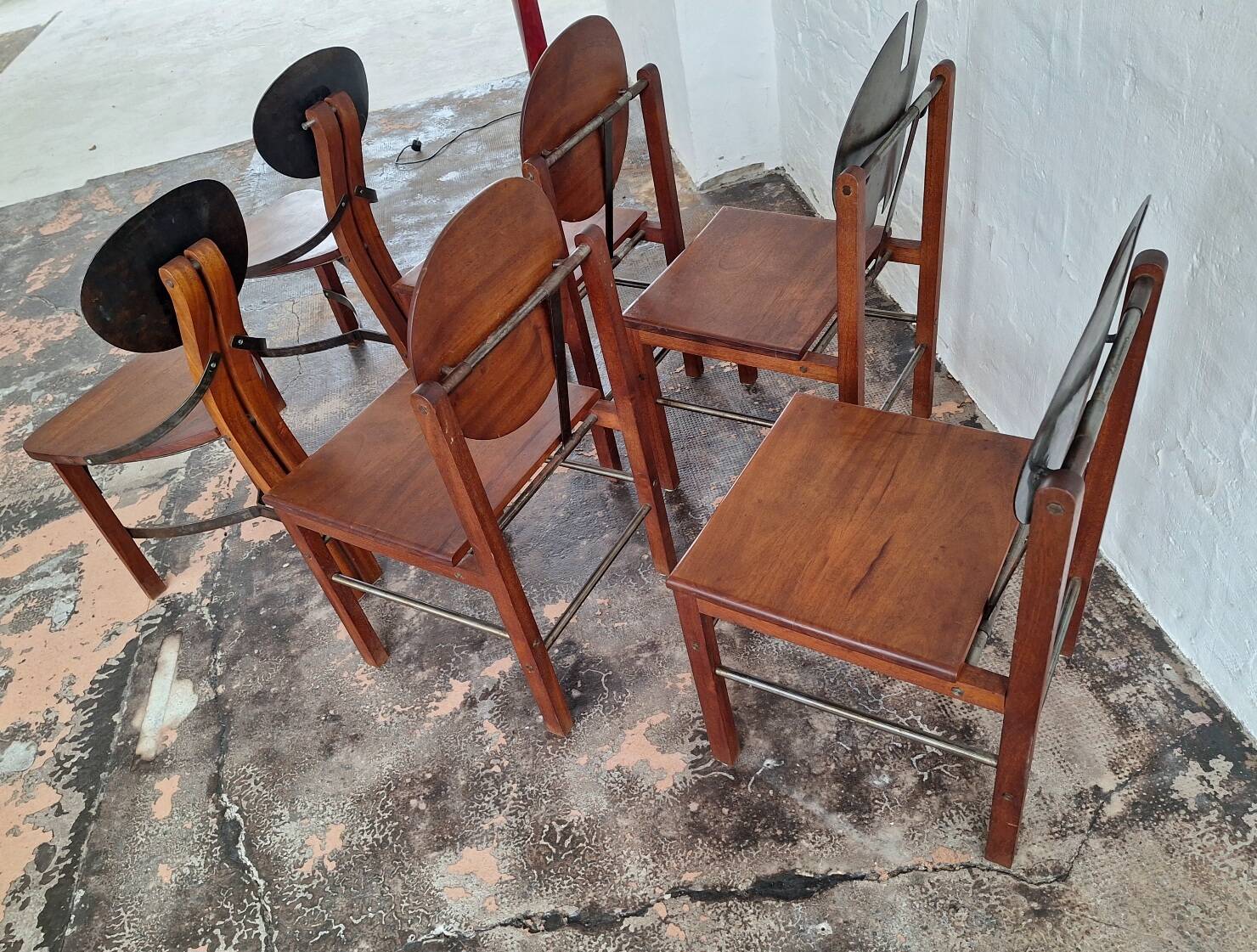 Set of 6 mid century Brutalist teak and steel dining chairs, 1960s