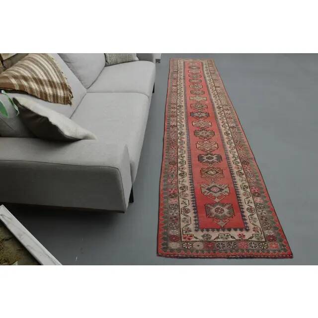 1970s Vintage Turkish Handmade Wool & Cotton Pink Runner Rug 82x359