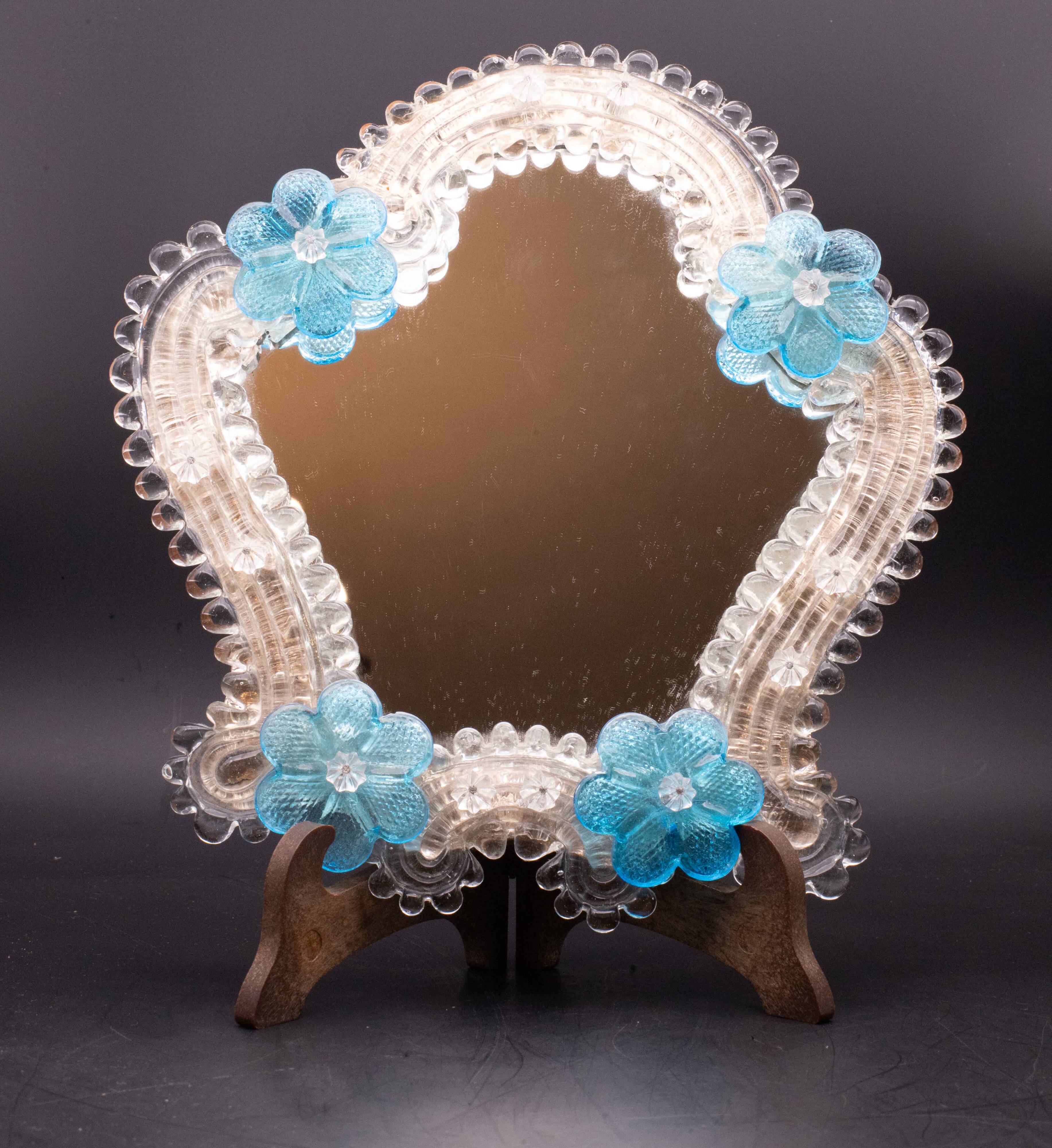 Classic Vintage Venetian Murano Bue Flower Glass Mirror, 1970s