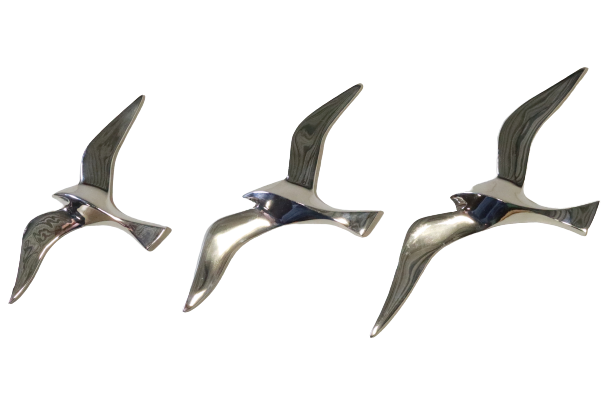 Set of 3 chrome gull birds, 15 - 20 -25 cm