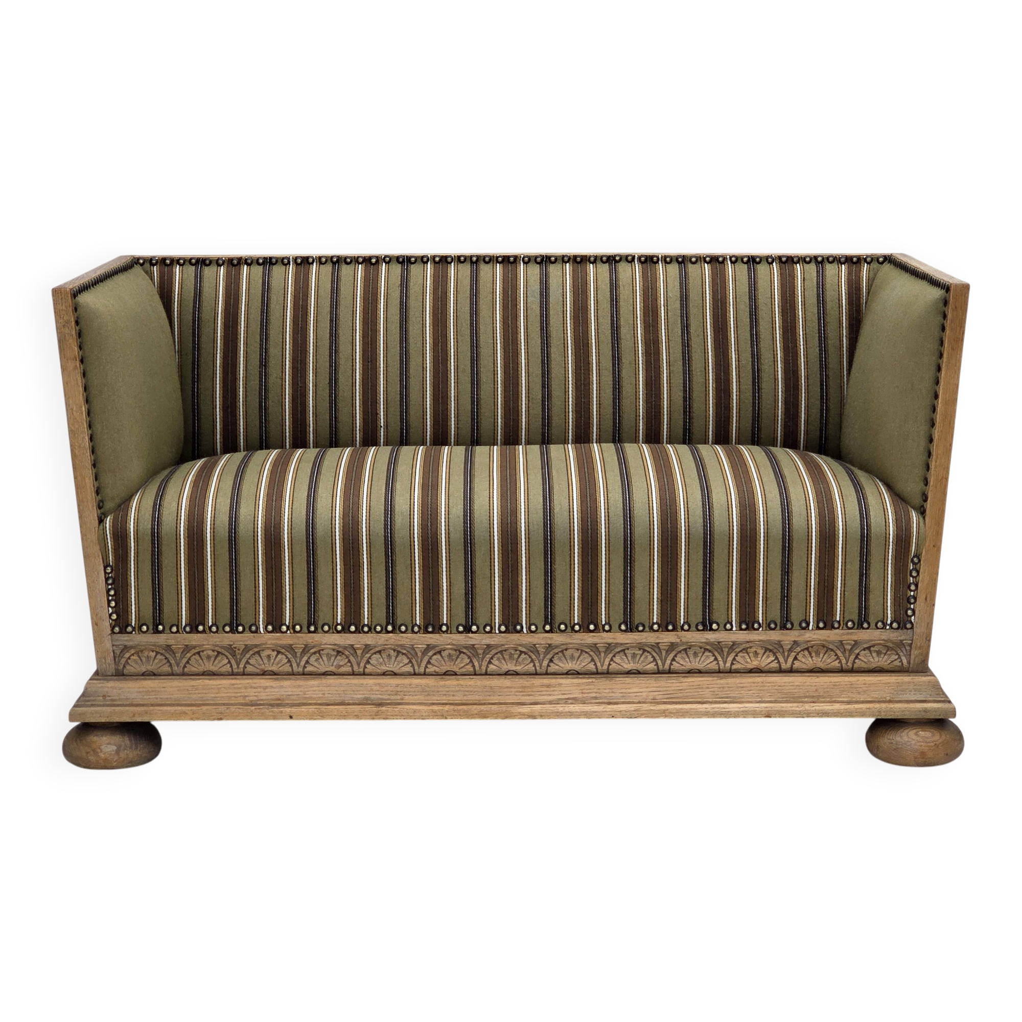 1950s, Danish 2-seater sofa, green furniture wool, oak wood.