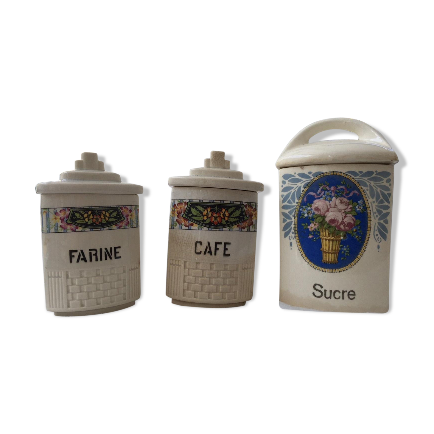 Pots in earthenware coffee sugar flour