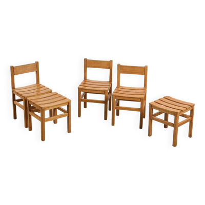 Suite de trois chaises et deux tabourets Maison Regain, circa 1970