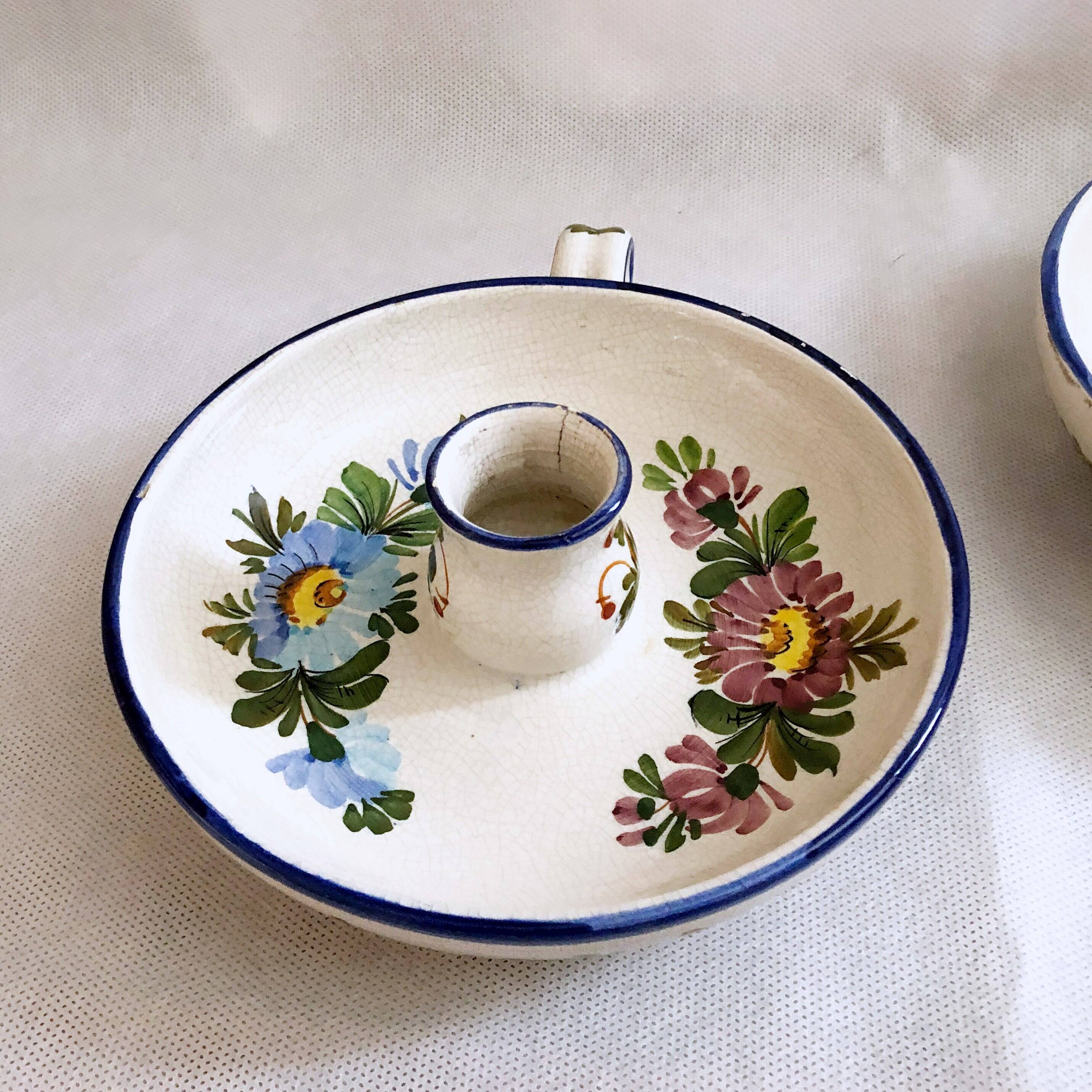 Pair of handmade cracked earthenware hand candlesticks signed Bassano Italy