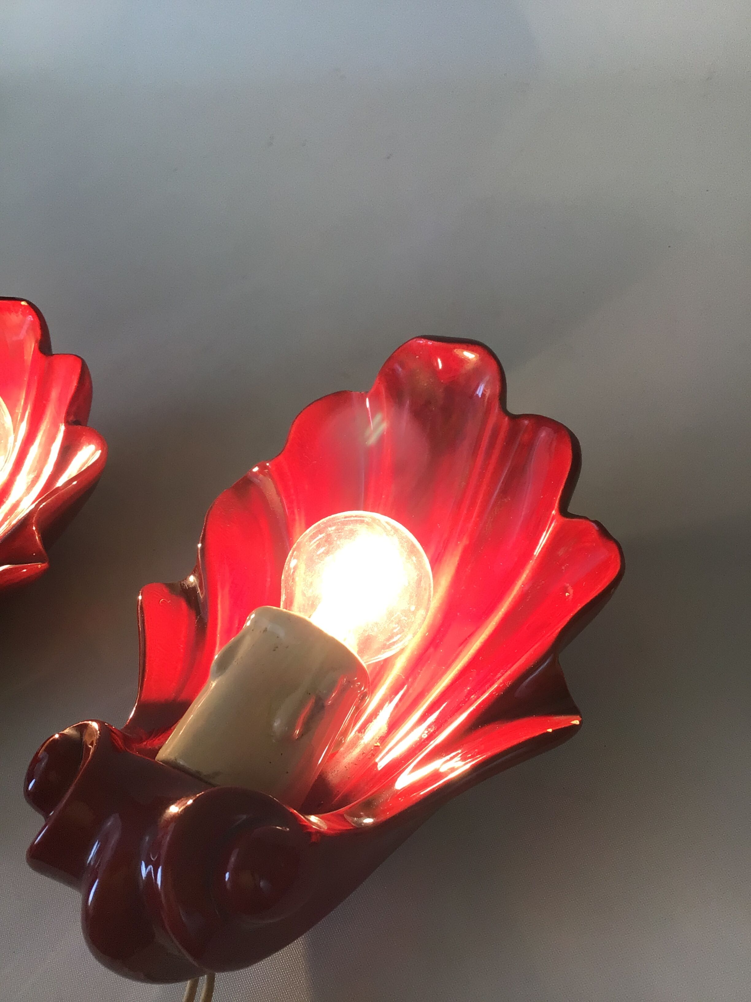 Pair of vintage shell ceramic wall lamps