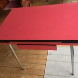 Table set and 2 vintage vintage pale red formica chairs