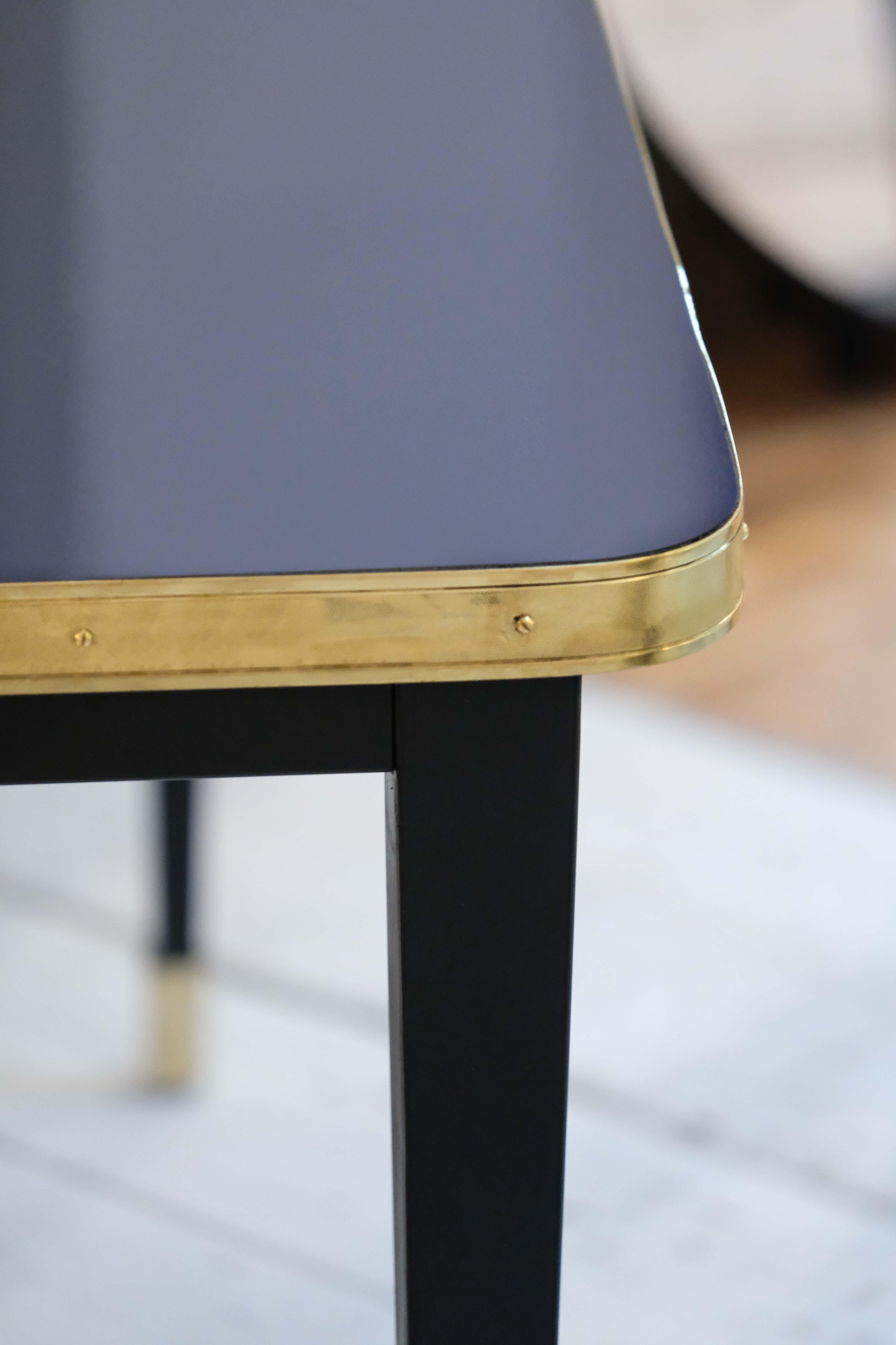 Dining Table, High Gloss Laminate, Brass, Tapered Legs, Midnight Blue - M