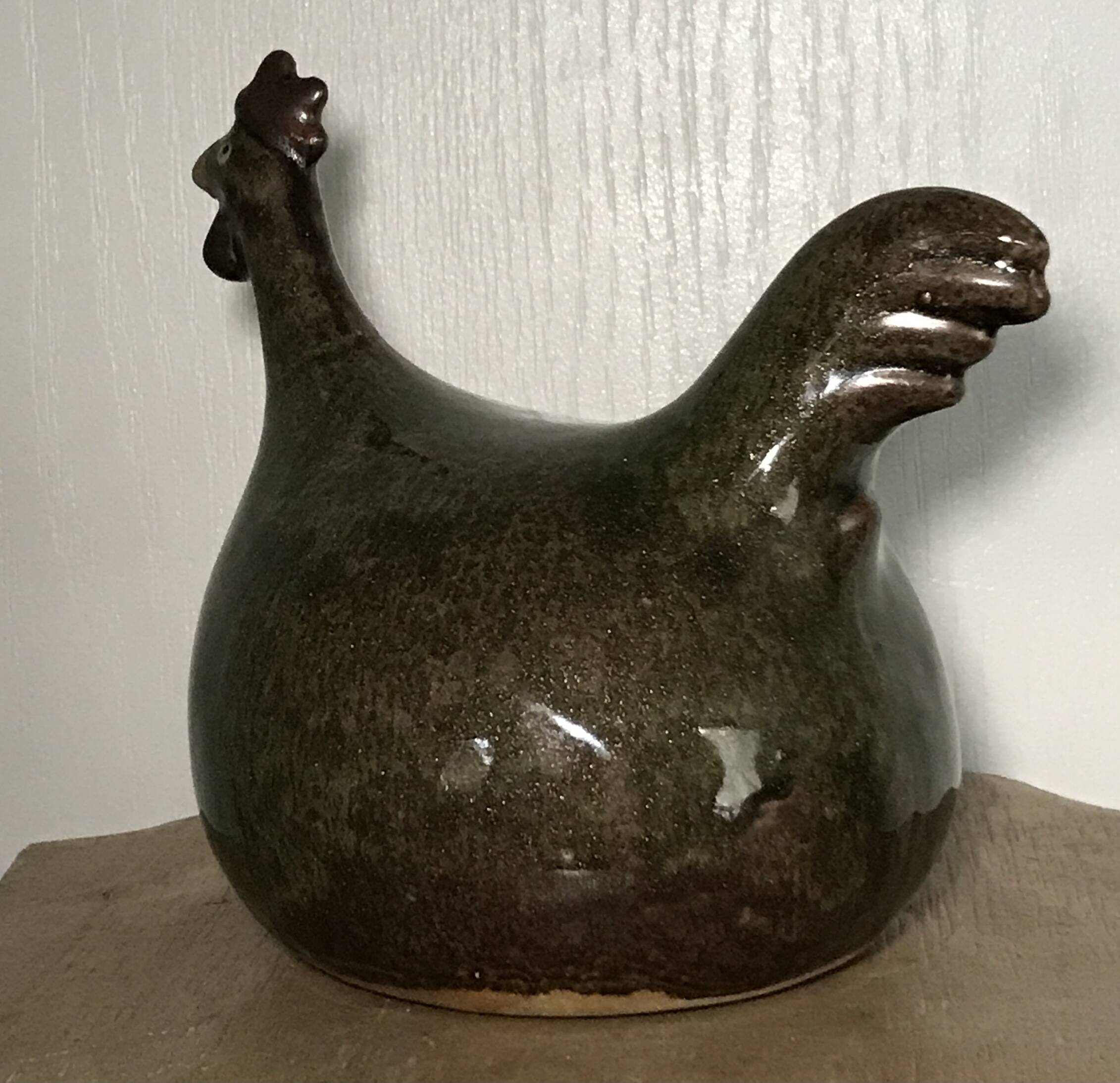 Vintage Rooster Figurine in Olive Green Glazed Stoneware with Glitter Effect 16 cm