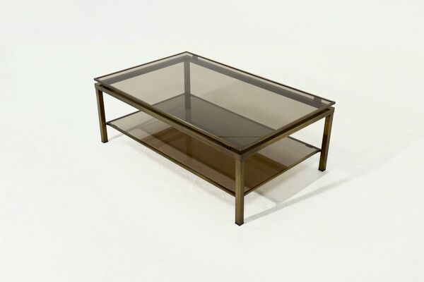Table basse à deux niveaux en laiton et verre fumé, années 1970