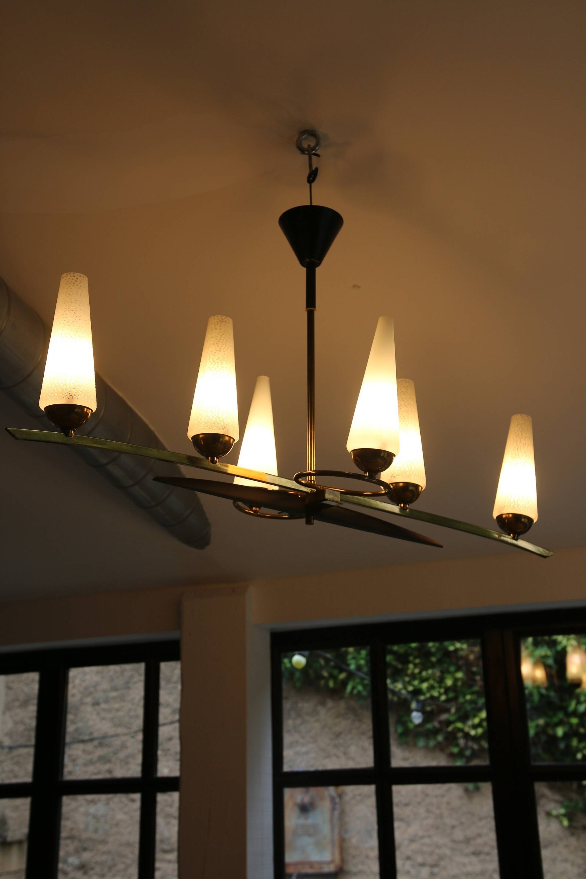 Mid-Century 6-Light Chandelier - Opaline and Brass