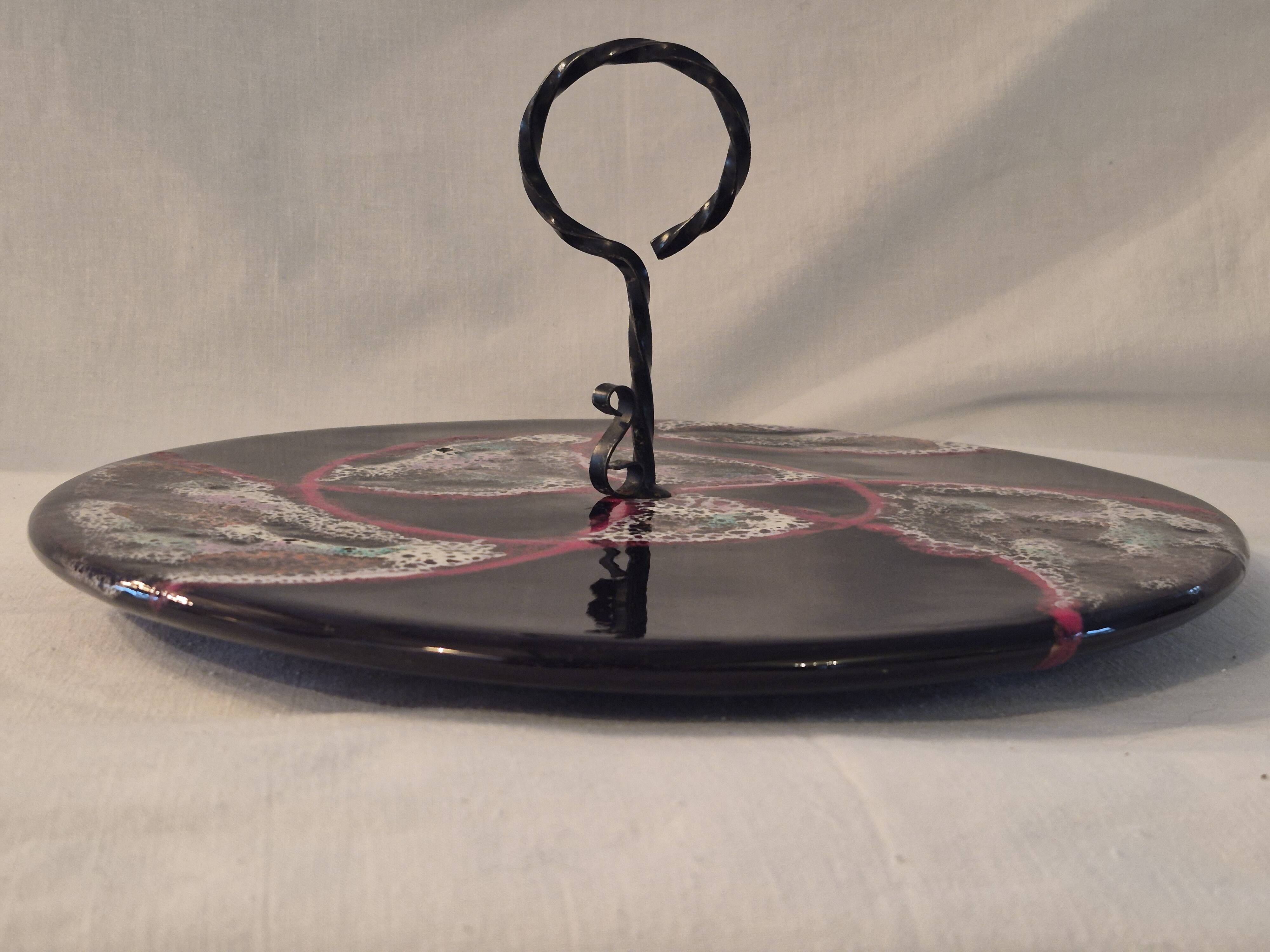 Cheese platter Vallauris glazed ceramic black red A035