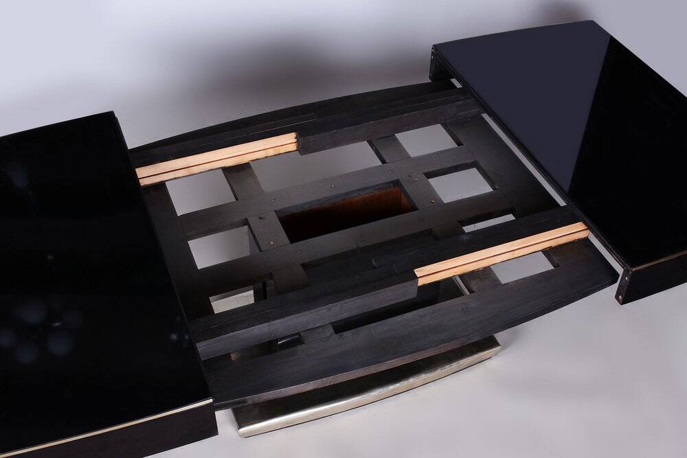 Large Art Deco Chrome and Black Glass Extendable Dining Table, 1930s