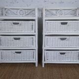 pair of chest of drawers bedside chiffonier 3 drawers white bamboo rattan vintage 1970s