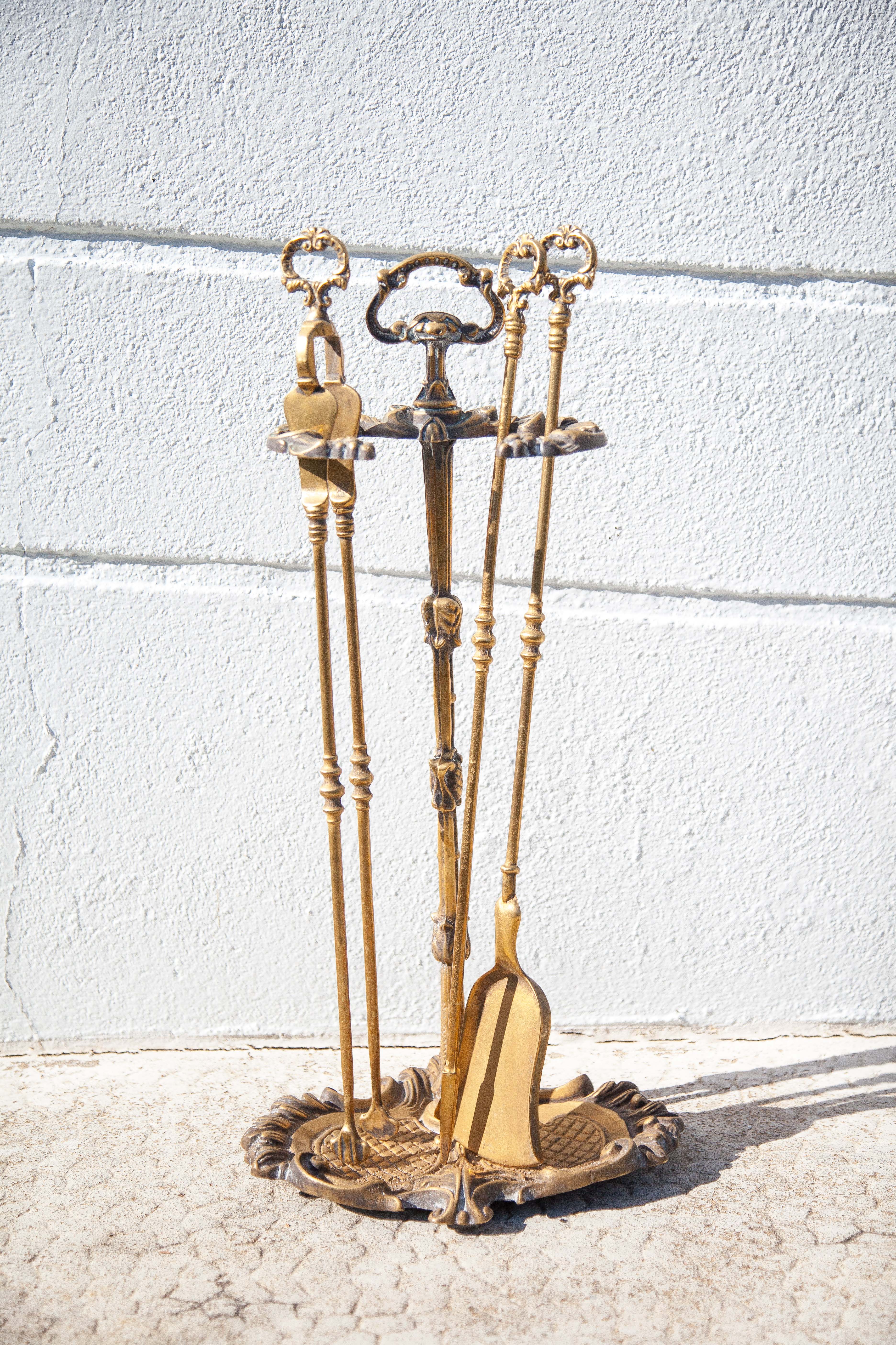 Serviteur de cheminée vintage, accessoires cheminée, serviteur bronze doré, decor cheminée