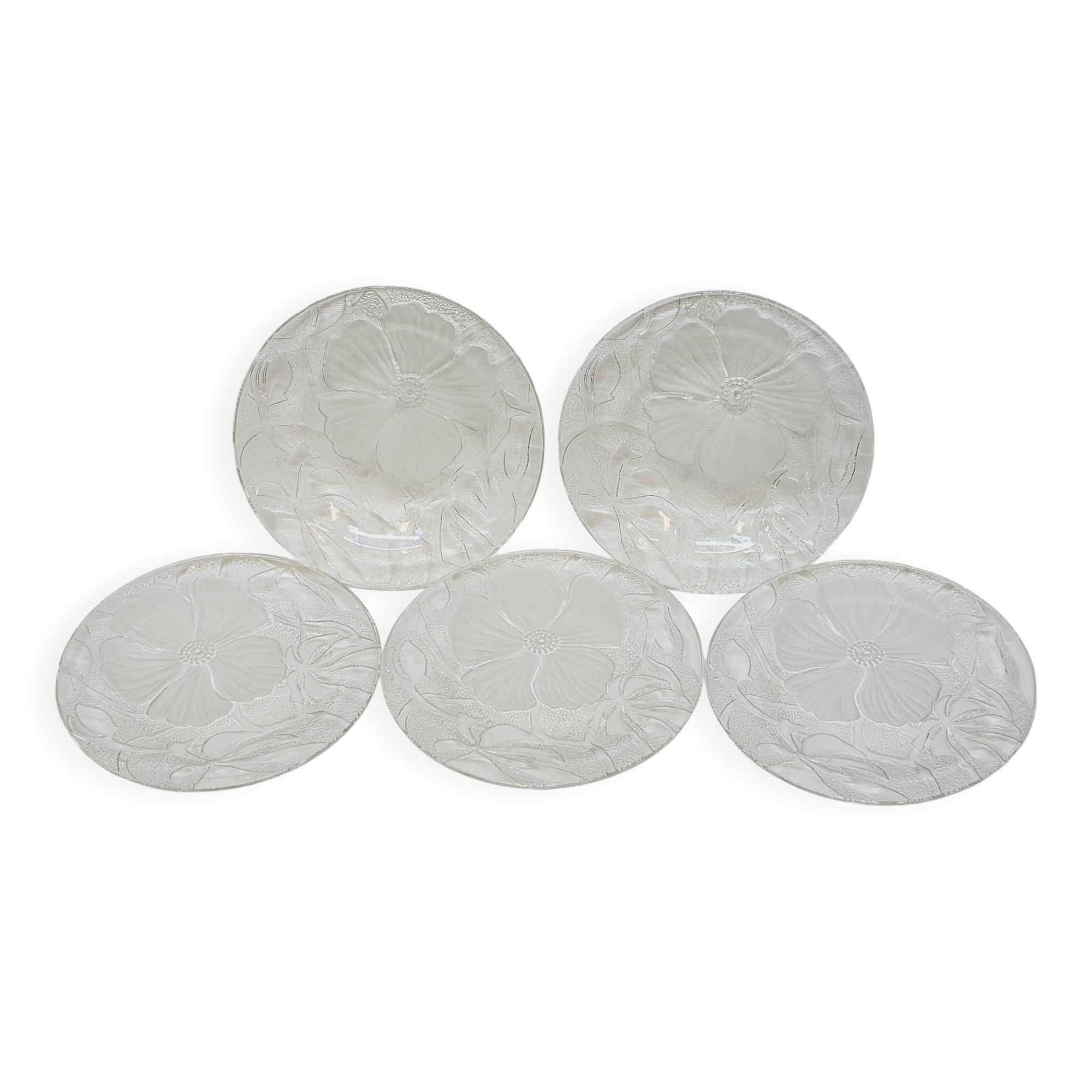 5 Small Transparent Frosted Glass Plates Vintage Floral Decor Kig Indo