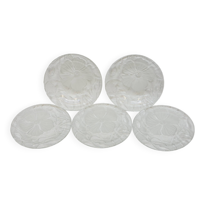 5 Petites Assiettes Transparentes Verre Givré Décor Floral Vintage Kig Indo