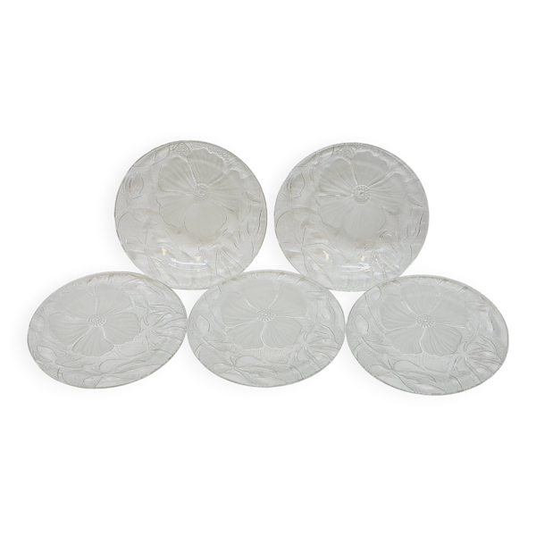 5 Petites Assiettes Transparentes Verre Givré Décor Floral Vintage Kig Indo