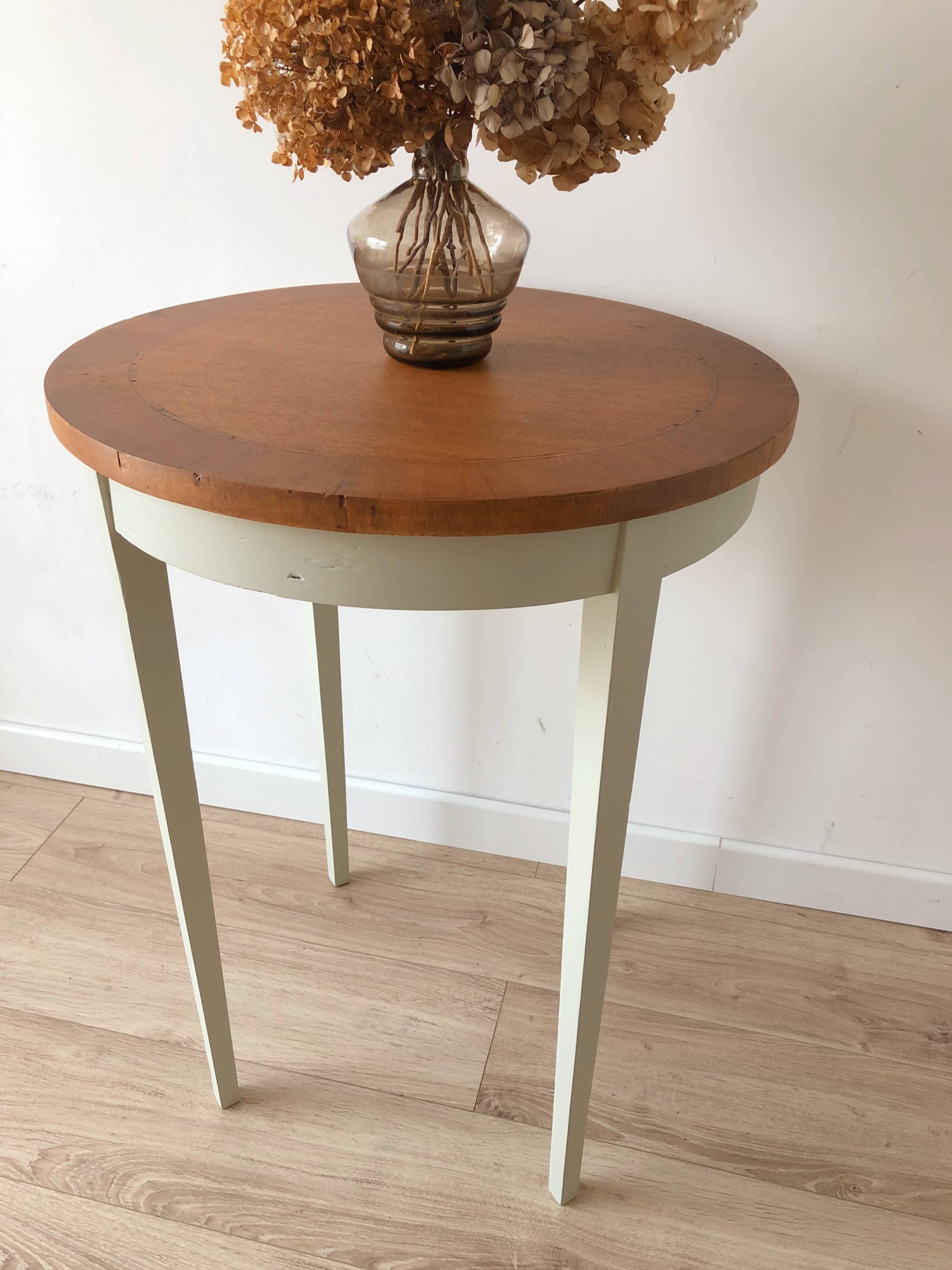 Vintage marquetry pedestal table, Opaline Green and light oak