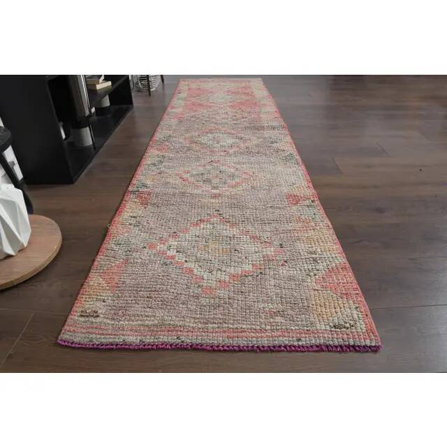 1970s Turkish Oushak Handmade Wool Cotton Pink Runner Rug 78x345