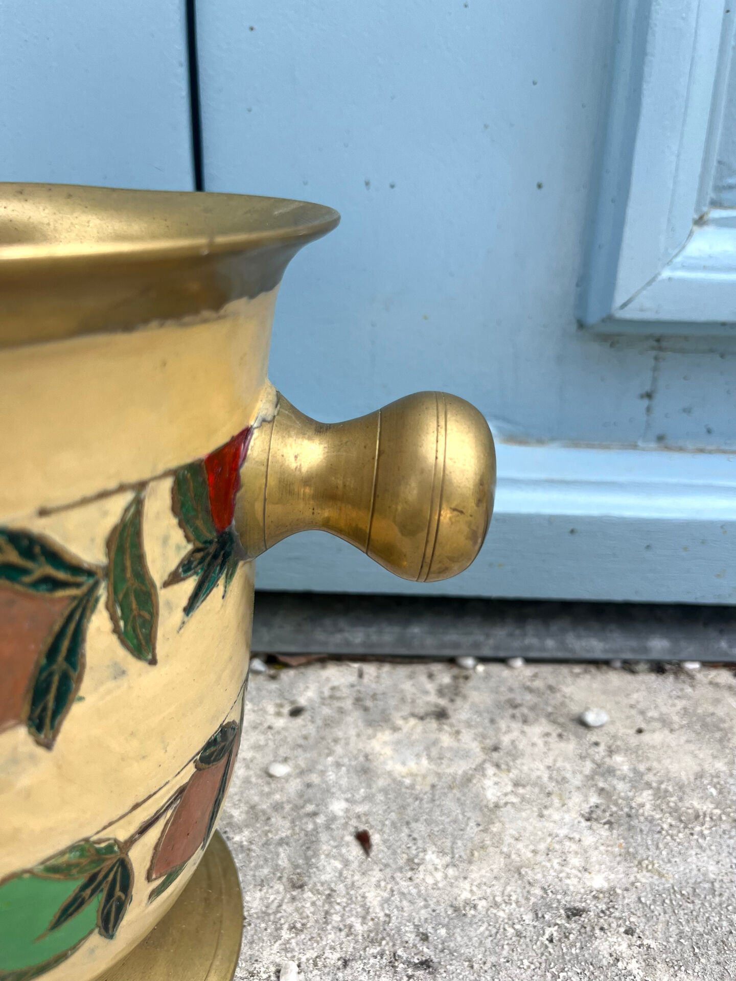 French Brass Cloisonné Style Champagne Bucket with Hand-Painted Fruit