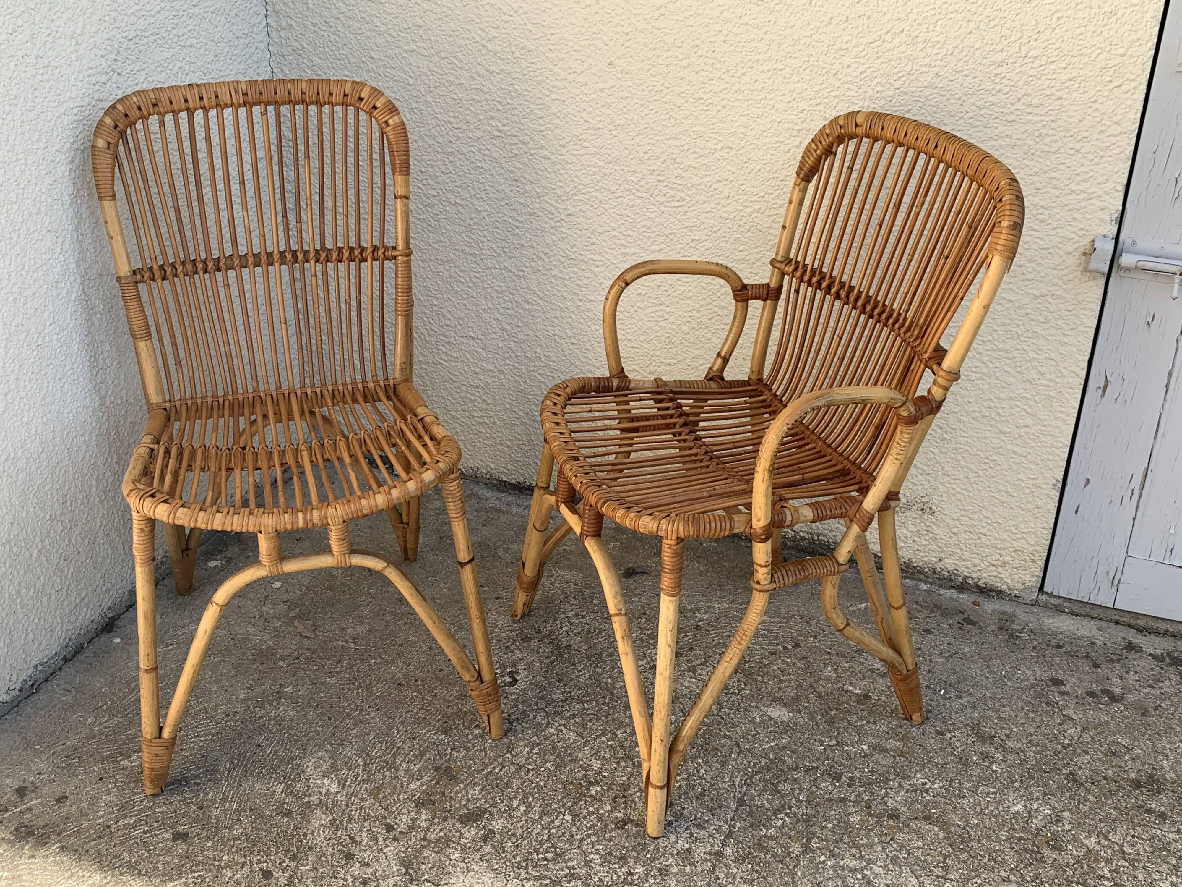 Chair and armchair in vintage rattan 1950