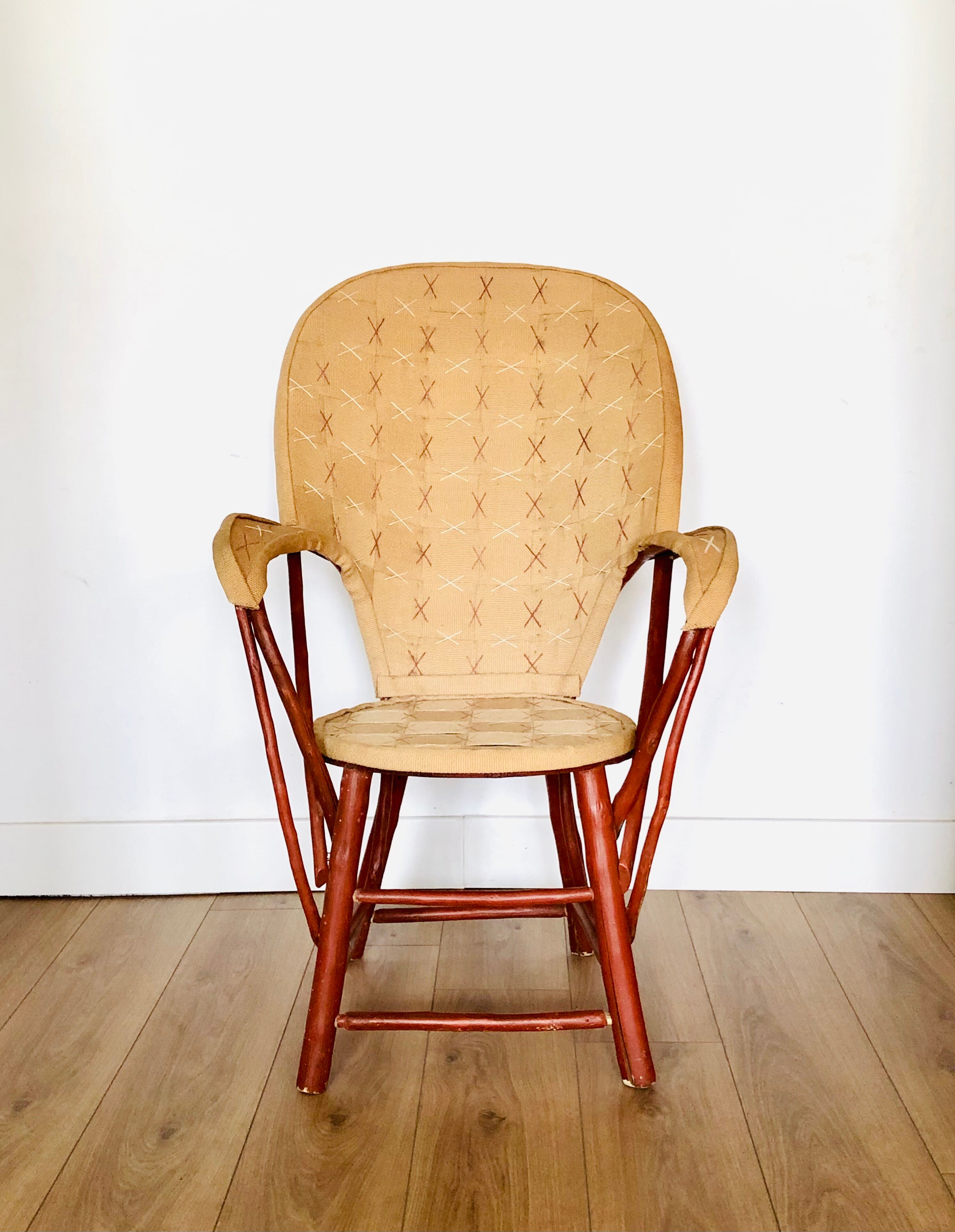 Vintage chestnut armchair and burlap