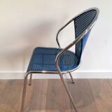 Set of 4 chairs chrome-based perforated metal blue color, around 1980