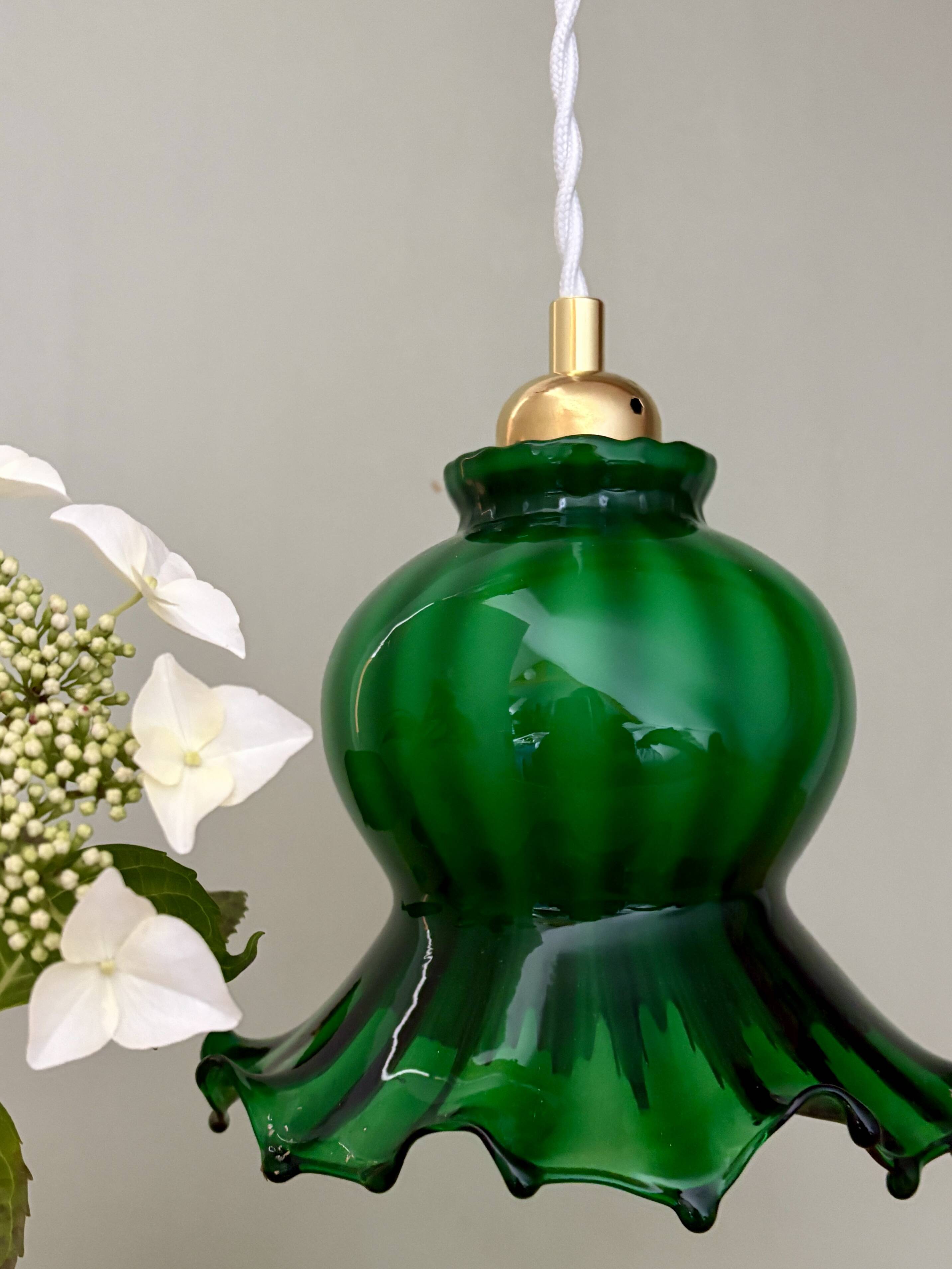 Vintage green glass tulip pendant light