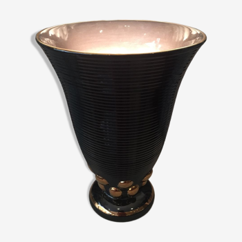 Lampe originale faïence de St Clément art deco noir et dore forme vase cornet