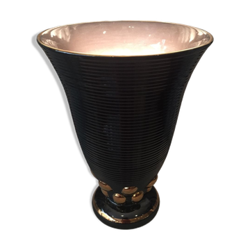 Lampe originale faïence de St Clément art deco noir et dore forme vase cornet