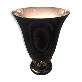Lampe originale faïence de St Clément art deco noir et dore forme vase cornet