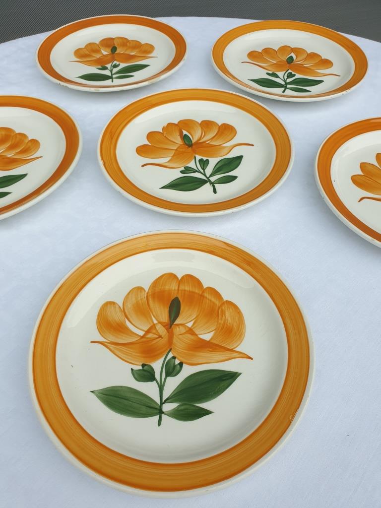 Set 6 plates Gien orange flower 1970 hand-painted decoration