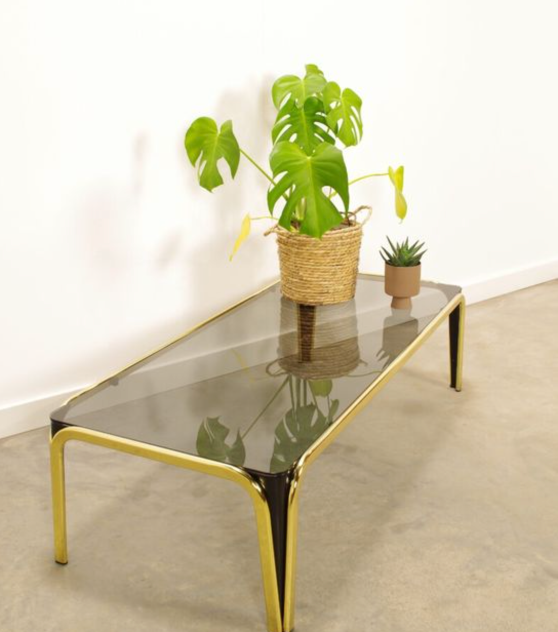 Vintage coffee table in brass and smoked glass