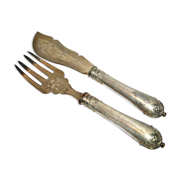 Service à poisson en Argent fourré ancien - Couvert de service gravé et guilloché Napoléon III