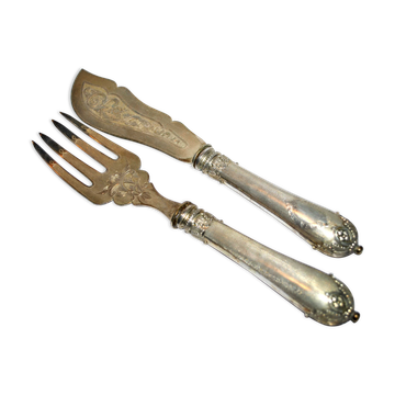 Old stuffed silver fish service - Engraved and guilloché napoleon III service cutlery