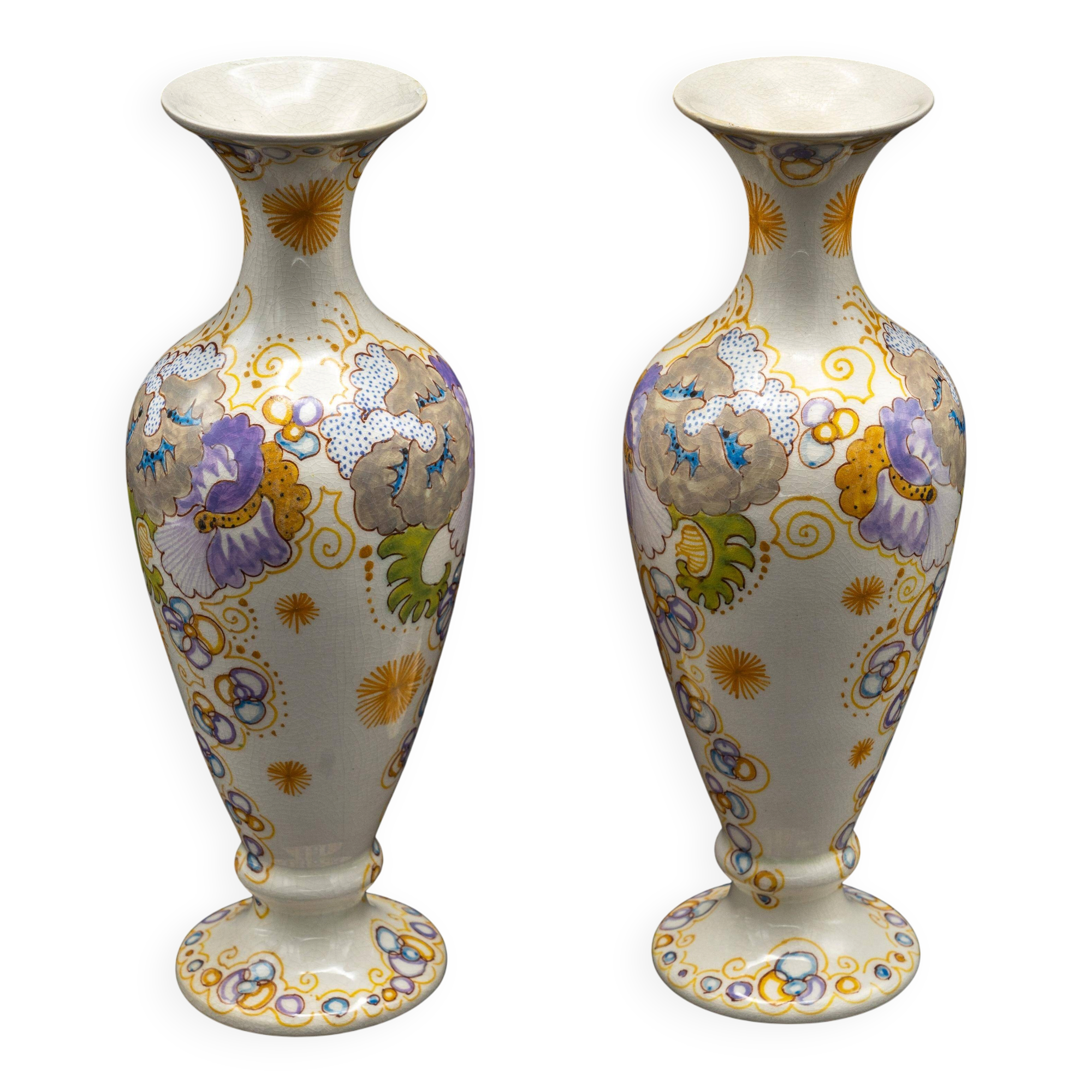 Pair of hand-painted ceramic vases in Dutch Art Nouveau Gouda PZH, 'Violetta', 1899