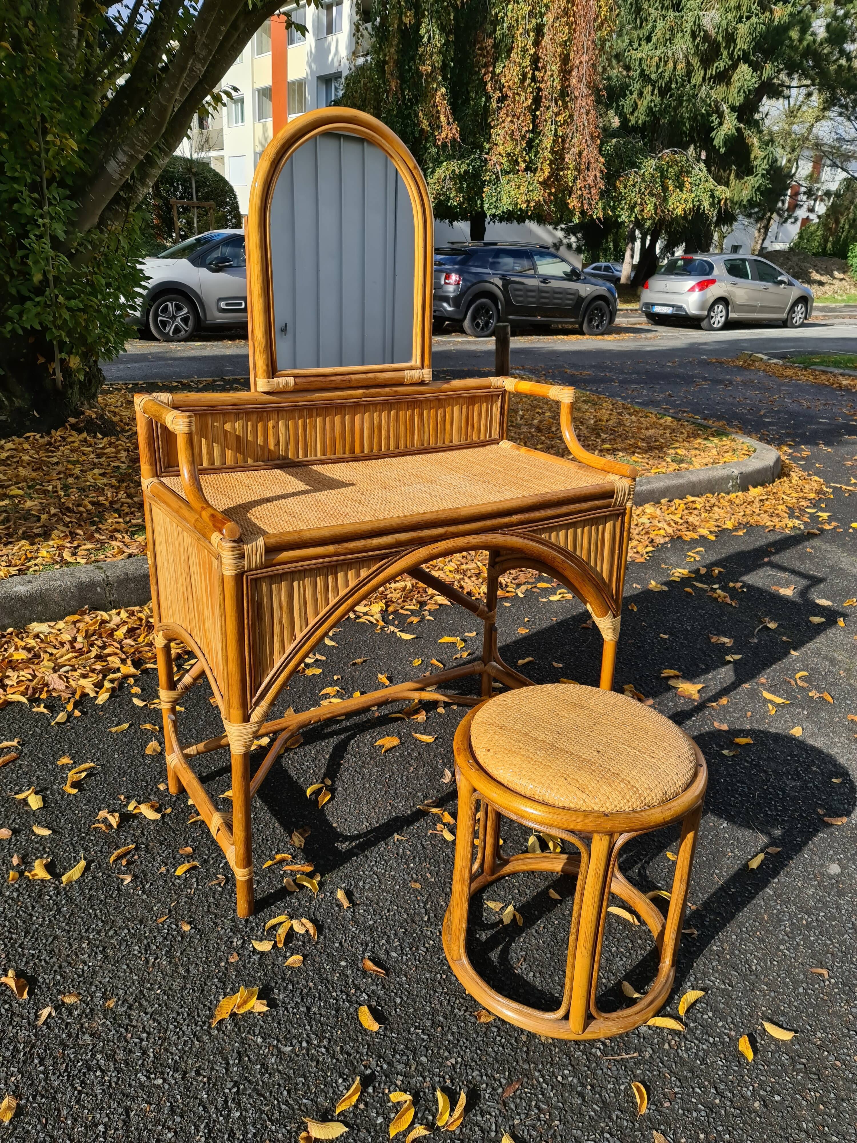 Dressing table / Mirror stool rattan bamboo Vintage 1970