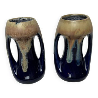 Vintage pair of small enameled stoneware vases with handles circa 1960